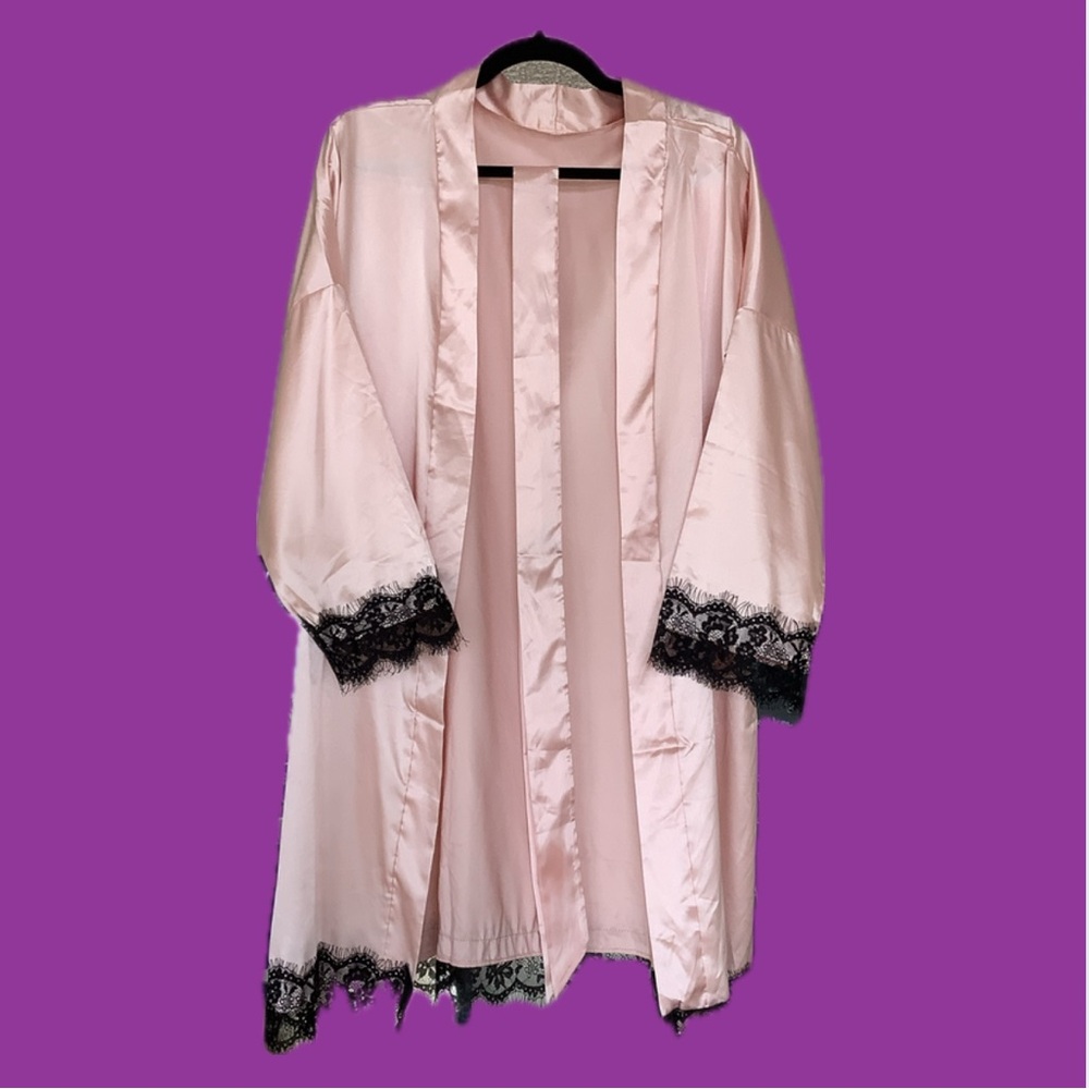 Luxurious Pink Satin Kimono Robe with Black Lace Trim